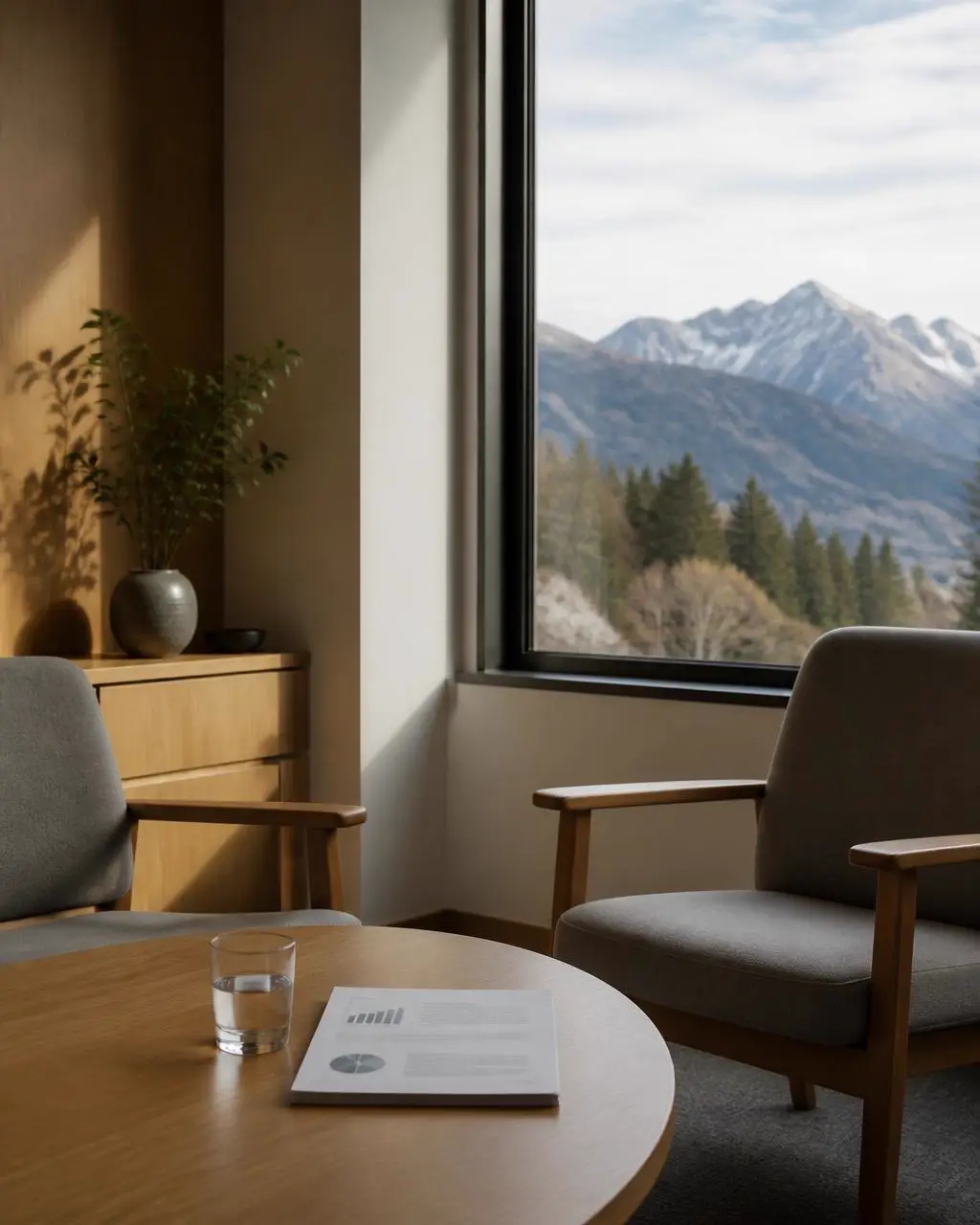 Ruhige Besprechungsecke mit Bericht auf dem Tisch, Blick auf die Berge