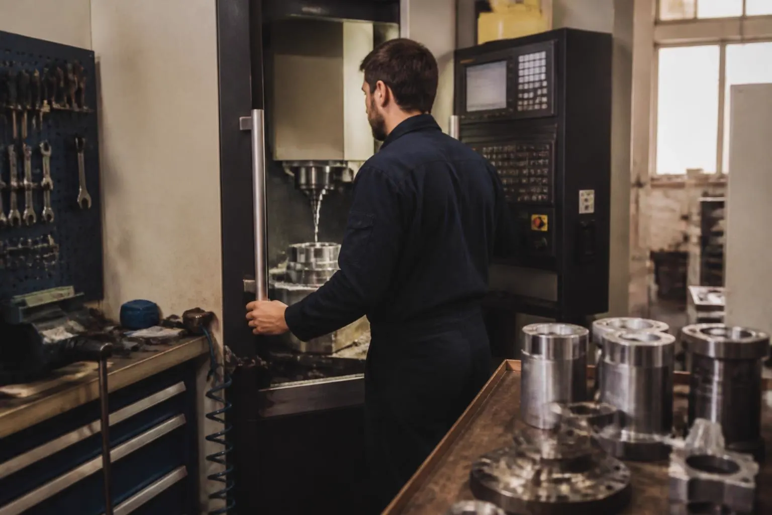 Mitarbeiter an einer CNC-Bearbeitungsmaschine in einer Werkhalle